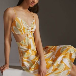 Anthropologie Cut Out Printed Slip Midi Dress Yellow Large (READ DESCRIPTION)